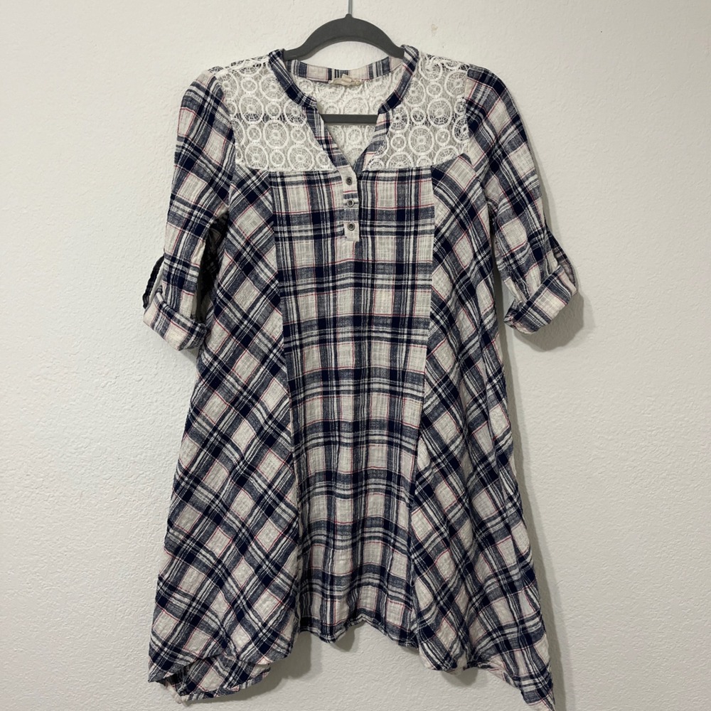 ODDI Plaid Asymmetrical Hem Boho Tunic Dress" Cottagecore Flowy Size‎ M